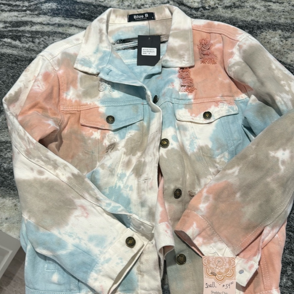 Adorable torn BLUE B denim jacket tye dye